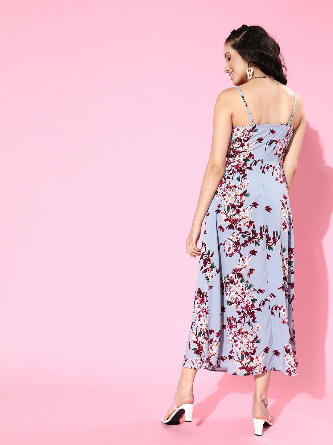 Folk Republic Women Blue & Maroon Floral Printed V-Neck Tie-Up Front Flared Maxi Dress - #folk republic#