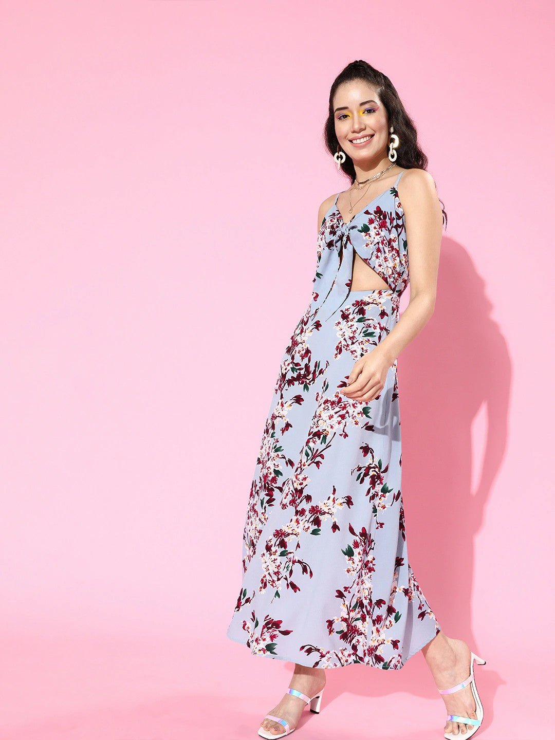 Folk Republic Women Blue & Maroon Floral Printed V-Neck Tie-Up Front Flared Maxi Dress - #folk republic#