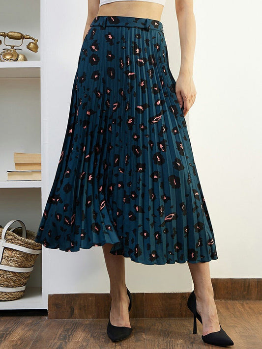 Folk Republic Women Blue & Orange Animal Printed Elastic Waist Slip-On Accordion Pleated A-Line Midi Skirt - #folk republic#