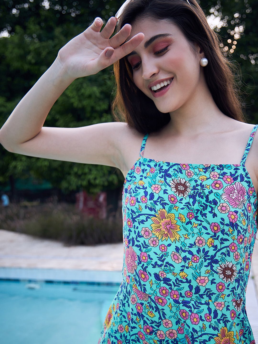 Folk Republic Women Blue & Pink Floral Printed Square Neck Sleeveless Pleated Fit & Flare Mini Dress - #folk republic#