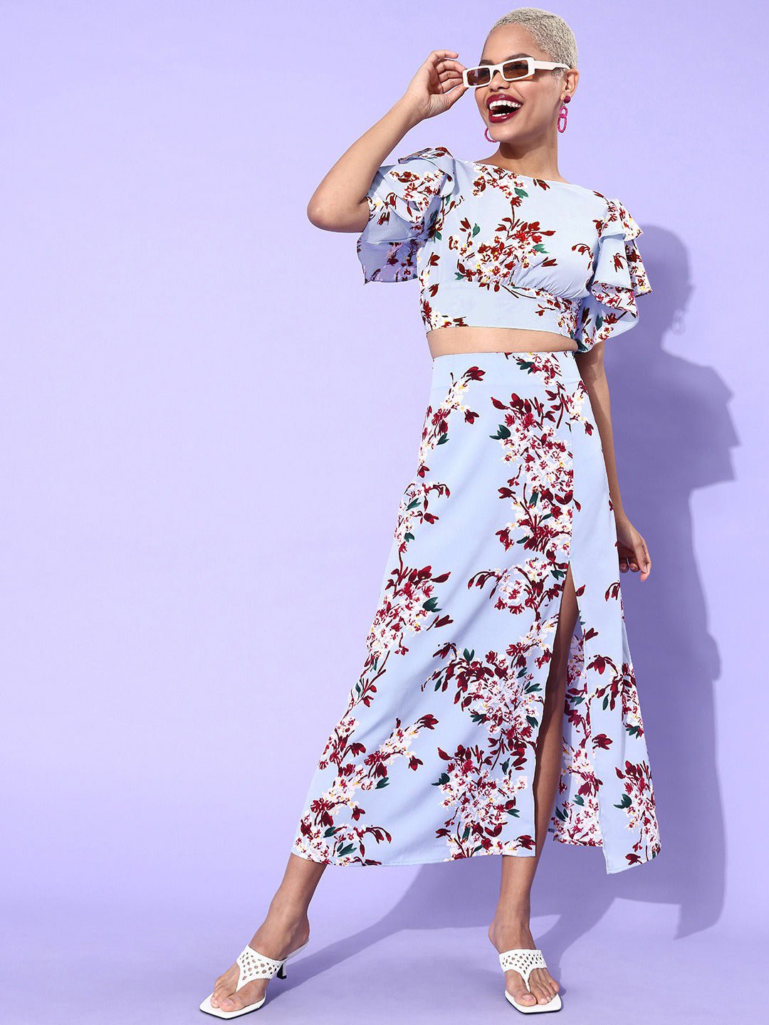 Folk Republic Women Blue & Red Floral Printed Blouson Crop Top - #folk republic#