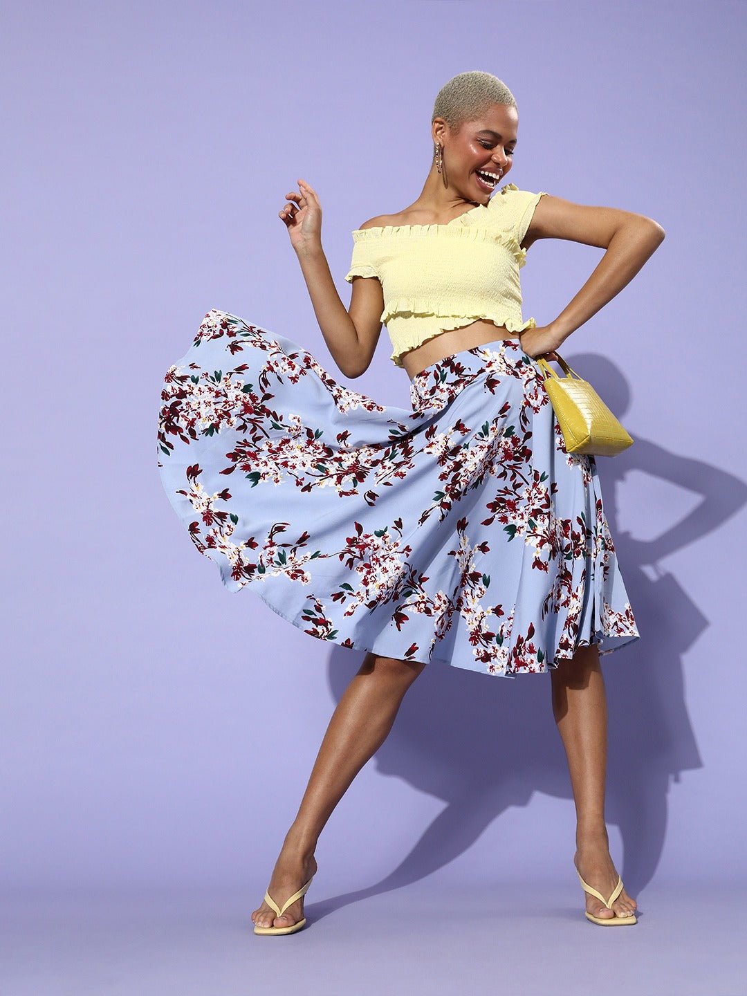 Folk Republic Women Blue & Red Floral Printed Flared A-line Midi Skirt - #folk republic#
