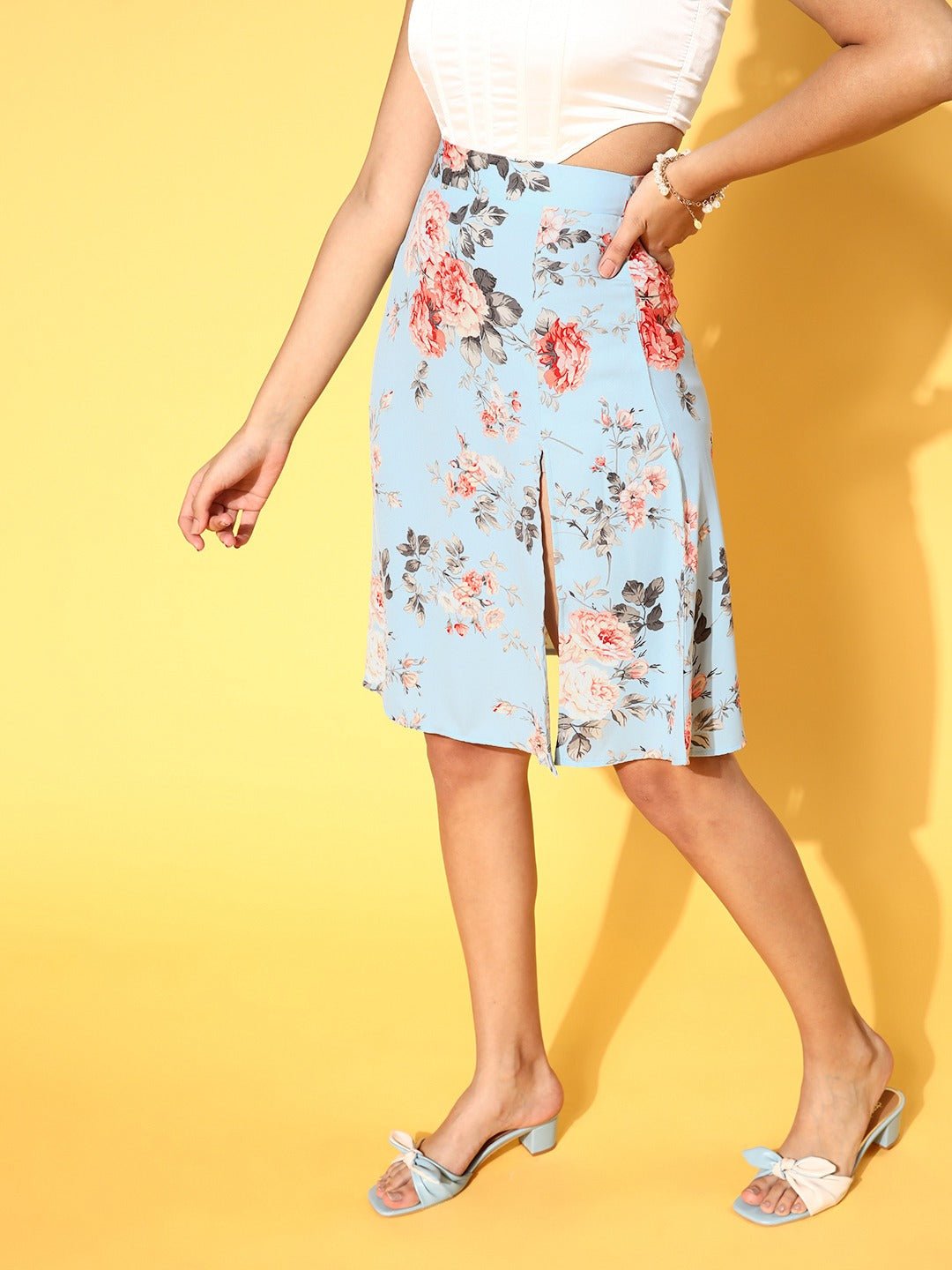 Folk Republic Women Blue & Red Floral Printed Thigh-High Slit Flared A-Line Midi Skirt - #folk republic#