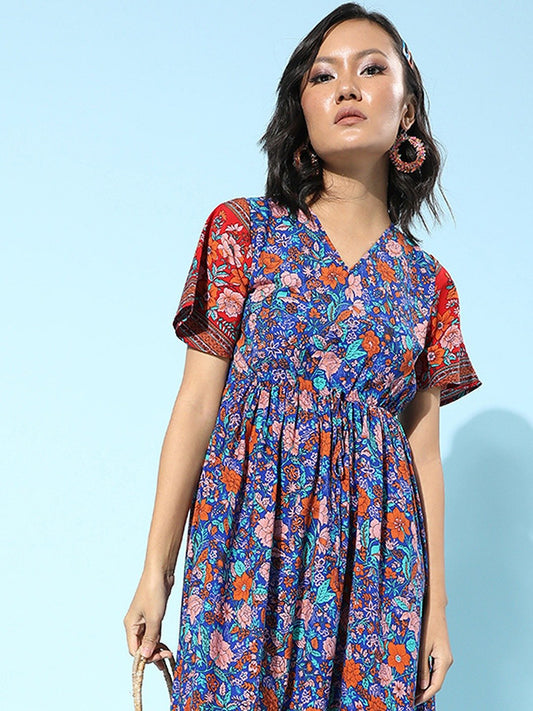 Folk Republic Women Blue & Red Floral Printed V-Neck Front Knot Flared A-Line Maxi Dress - #folk republic#