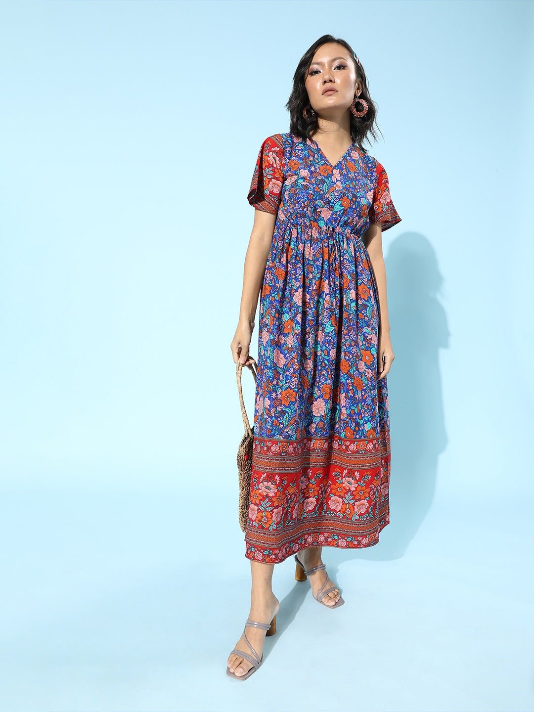 Folk Republic Women Blue & Red Floral Printed V-Neck Front Knot Flared A-Line Maxi Dress - #folk republic#