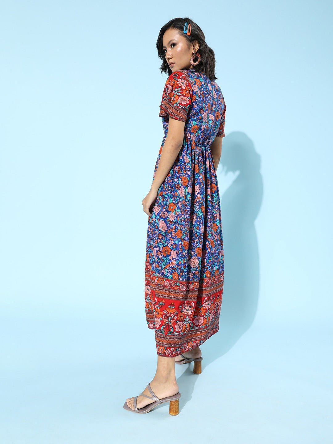 Folk Republic Women Blue & Red Floral Printed V-Neck Front Knot Flared A-Line Maxi Dress - #folk republic#