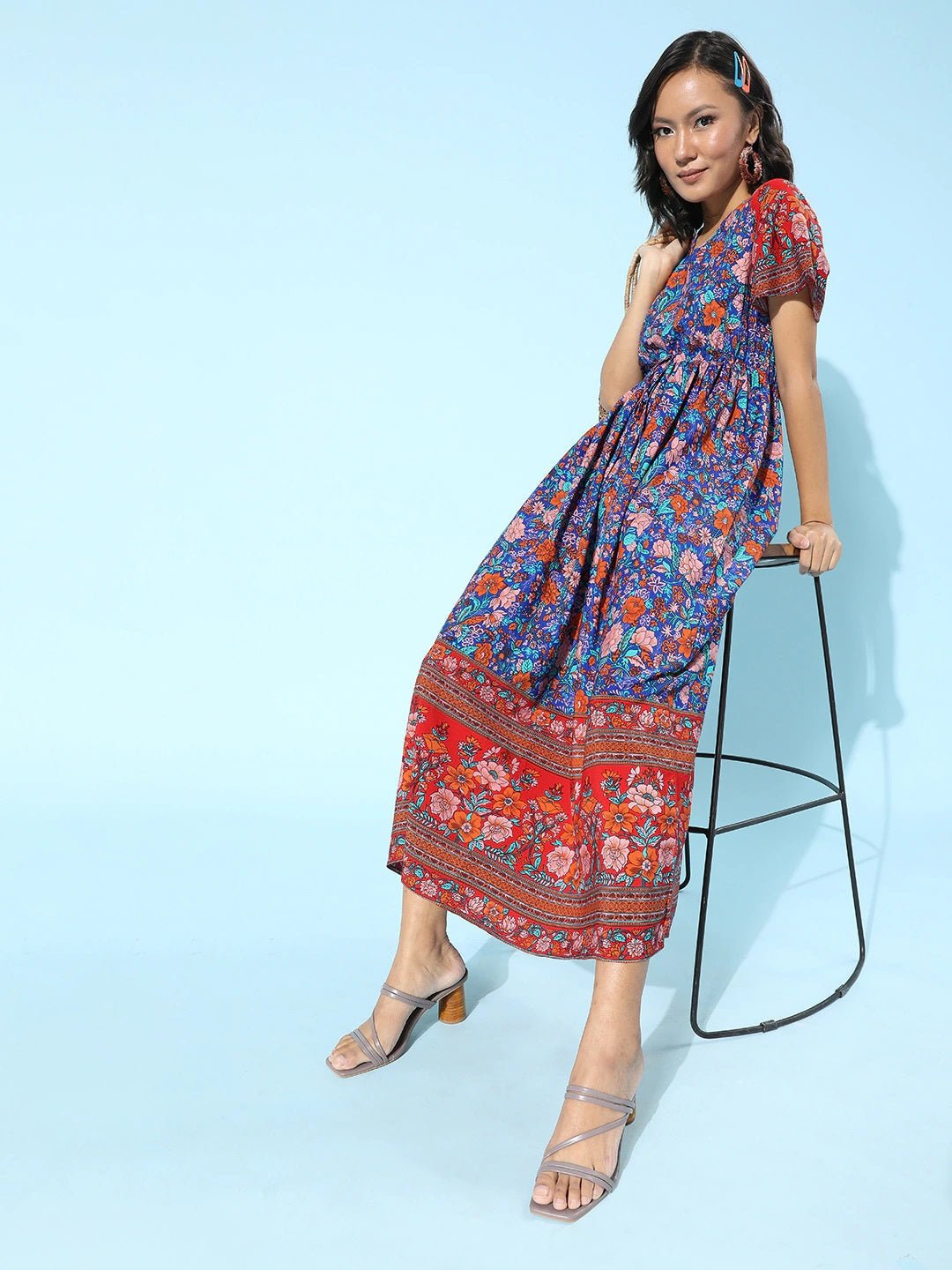 Folk Republic Women Blue & Red Floral Printed V-Neck Front Knot Flared A-Line Maxi Dress - #folk republic#