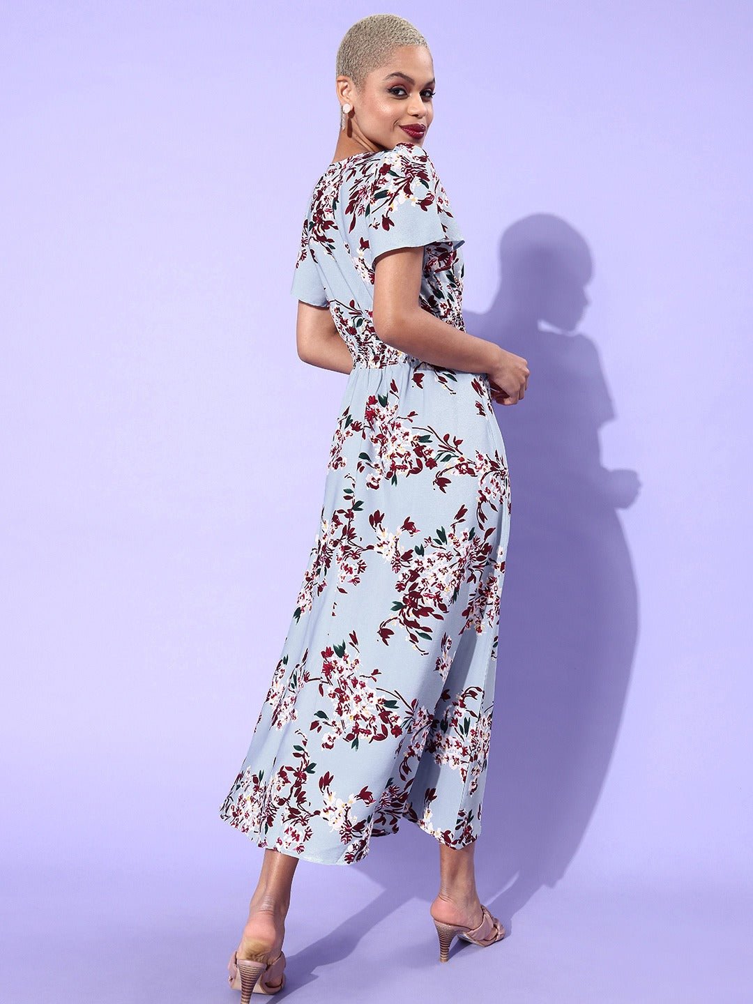Folk Republic Women Blue & Red Floral Smocked V-Neck Crepe Maxi Dress - #folk republic#