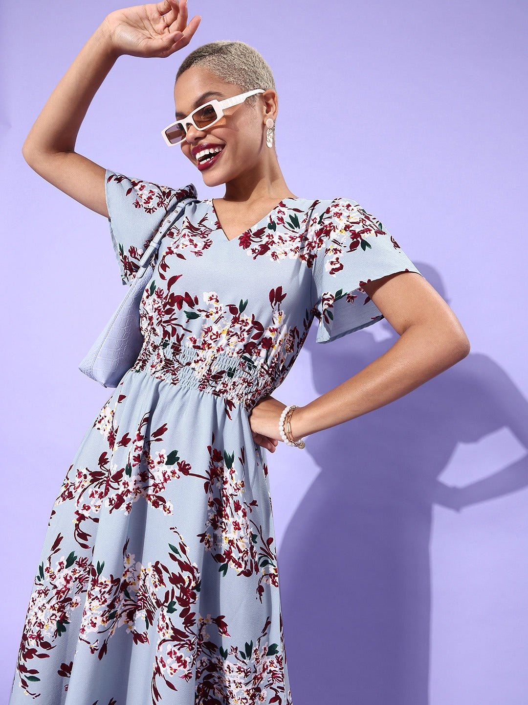Folk Republic Women Blue & Red Floral Smocked V-Neck Crepe Maxi Dress - #folk republic#