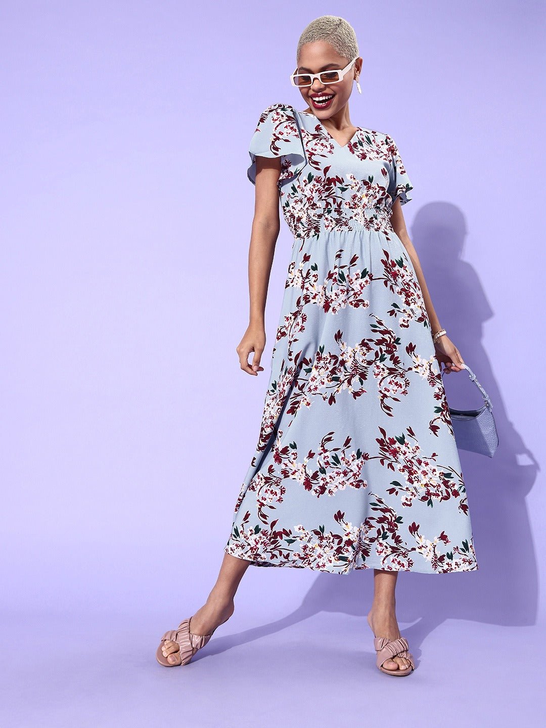Folk Republic Women Blue & Red Floral Smocked V-Neck Crepe Maxi Dress - #folk republic#