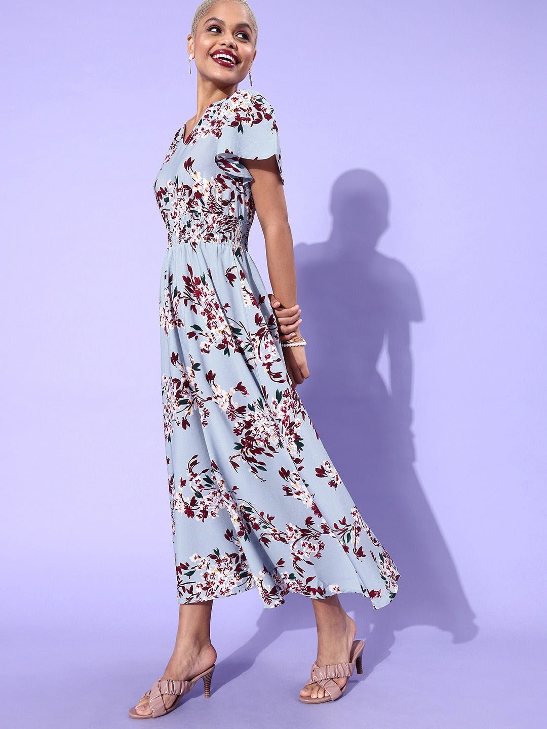 Folk Republic Women Blue & Red Floral Smocked V-Neck Crepe Maxi Dress - #folk republic#