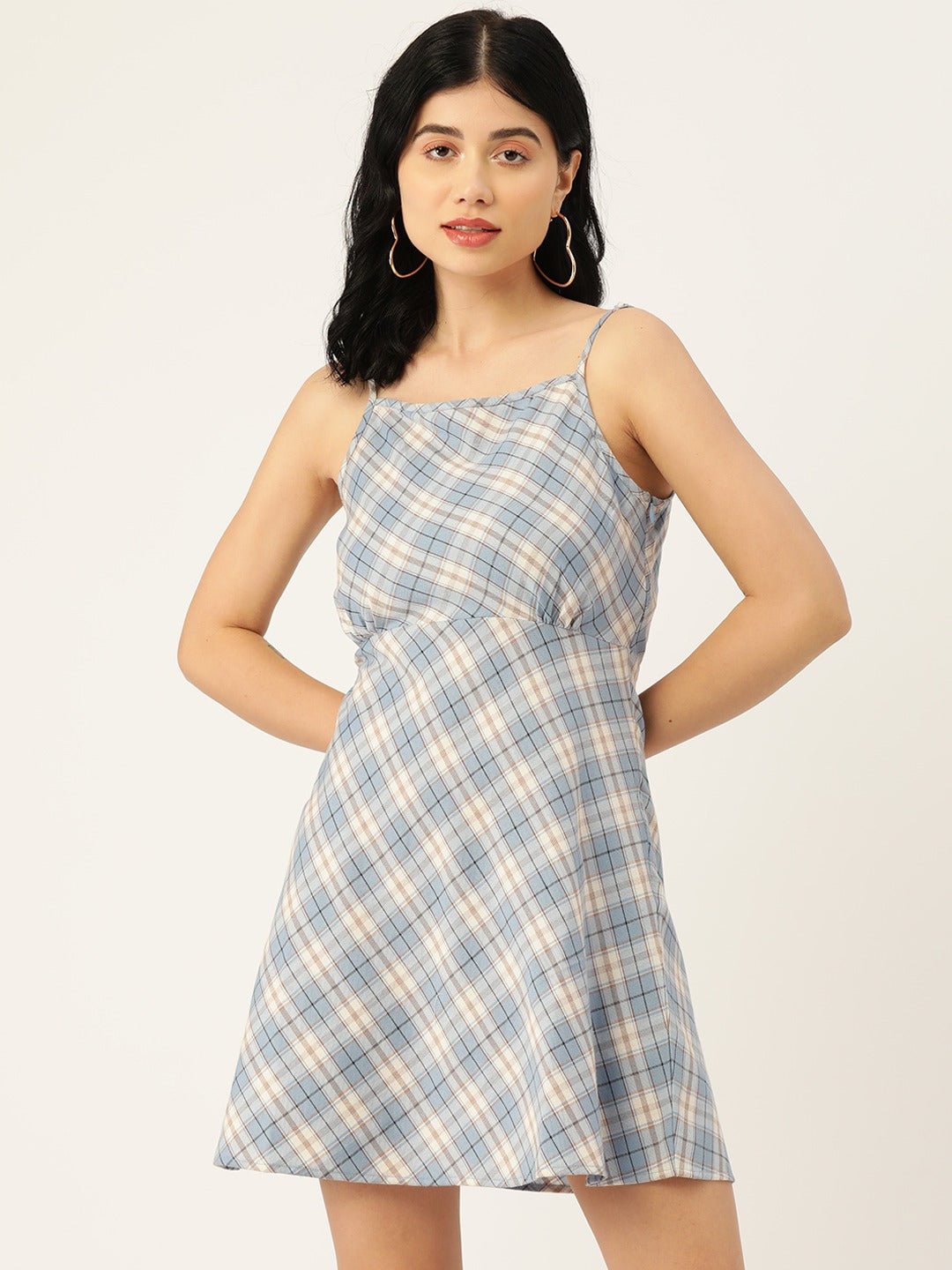 Folk Republic Women Blue & White Check Printed Square Neck Crepe Flared A-Line Mini Dress - #folk republic#