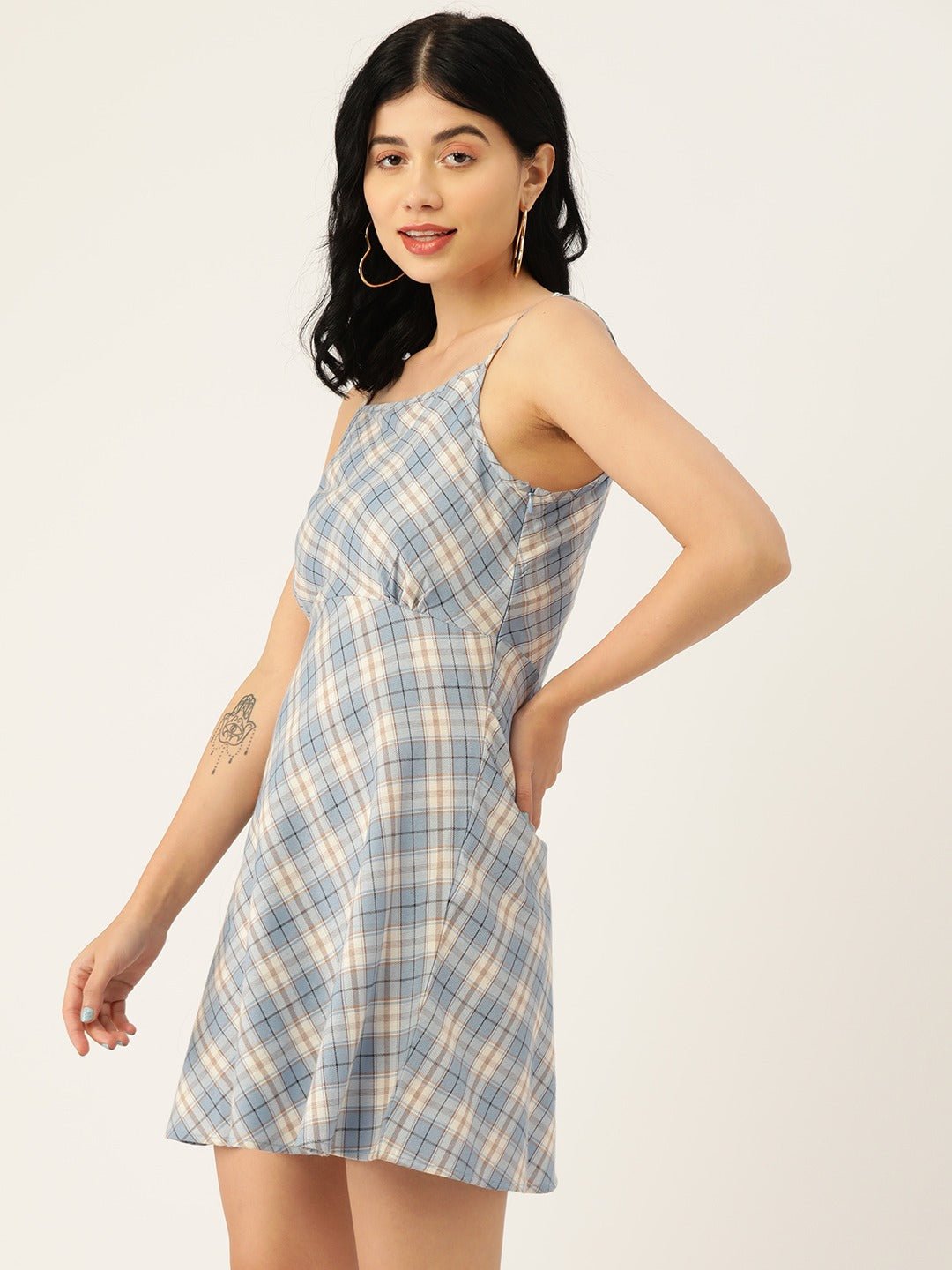 Folk Republic Women Blue & White Check Printed Square Neck Crepe Flared A-Line Mini Dress - #folk republic#
