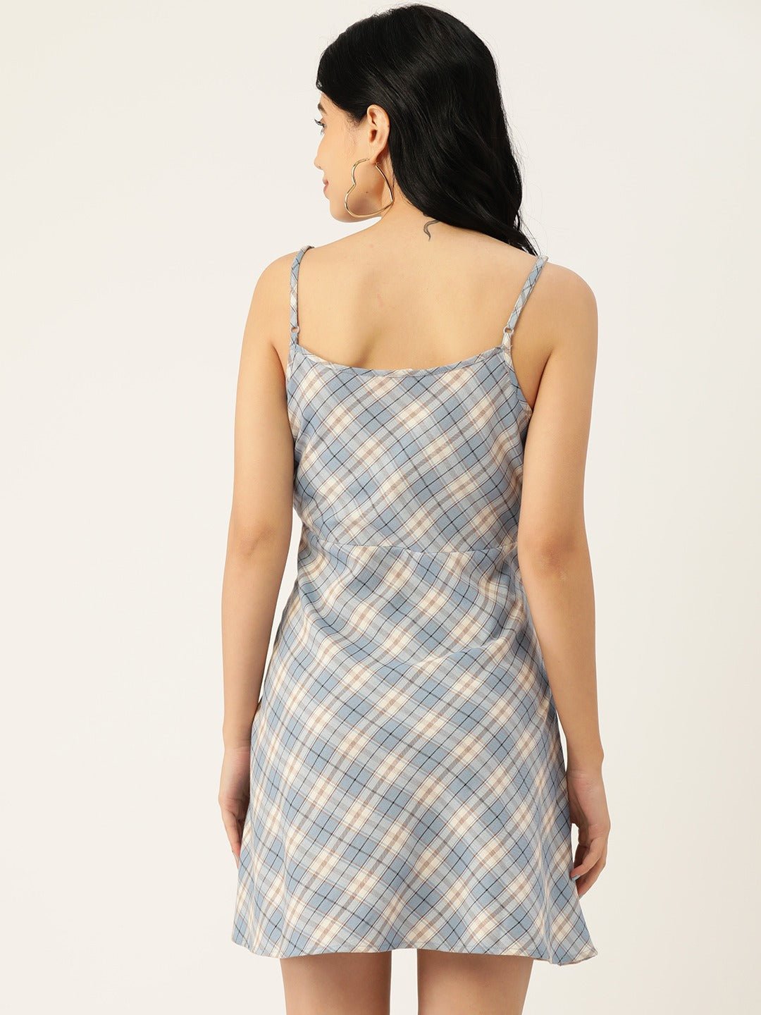 Folk Republic Women Blue & White Check Printed Square Neck Crepe Flared A-Line Mini Dress - #folk republic#