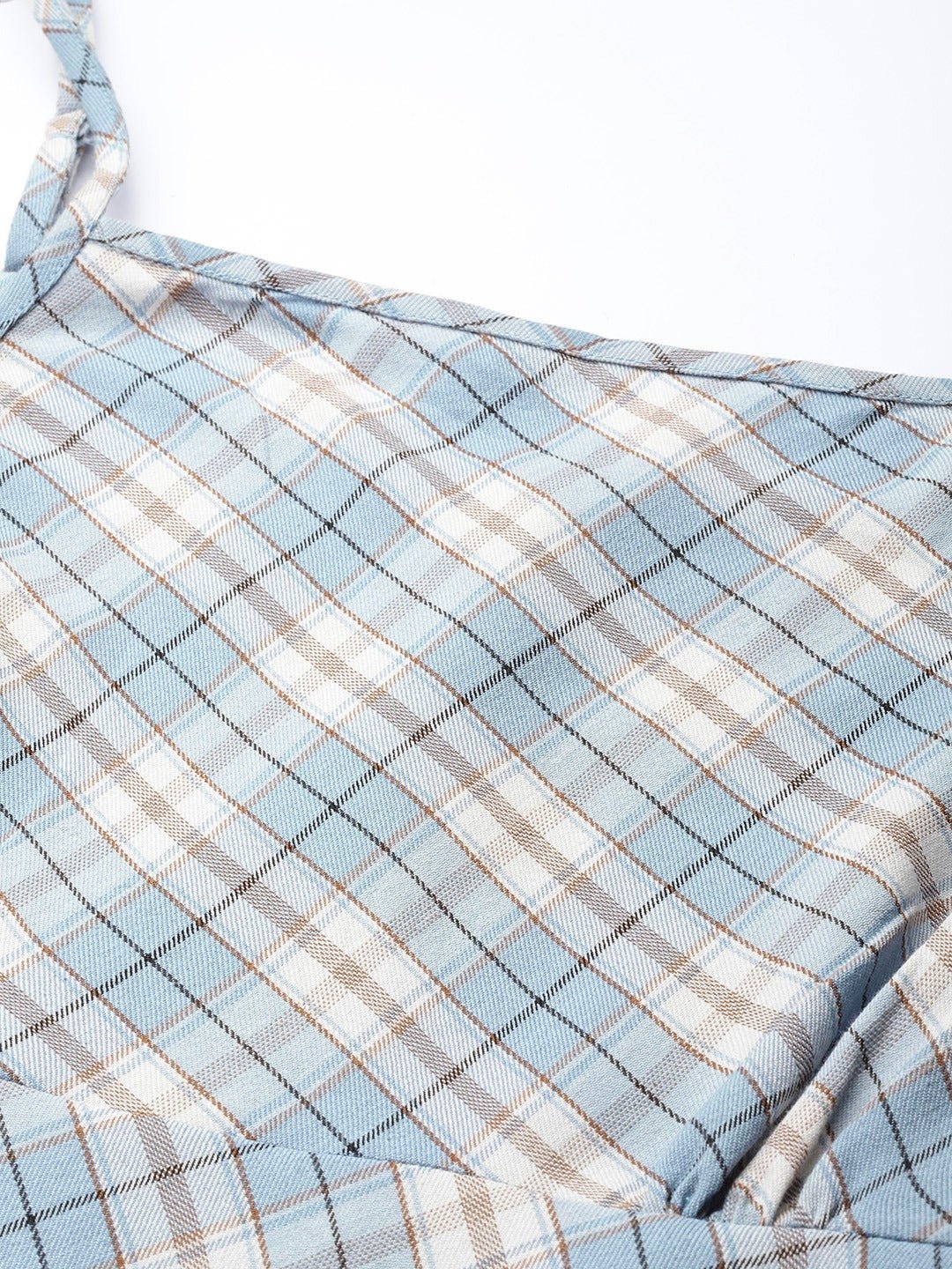Folk Republic Women Blue & White Check Printed Square Neck Crepe Flared A-Line Mini Dress - #folk republic#