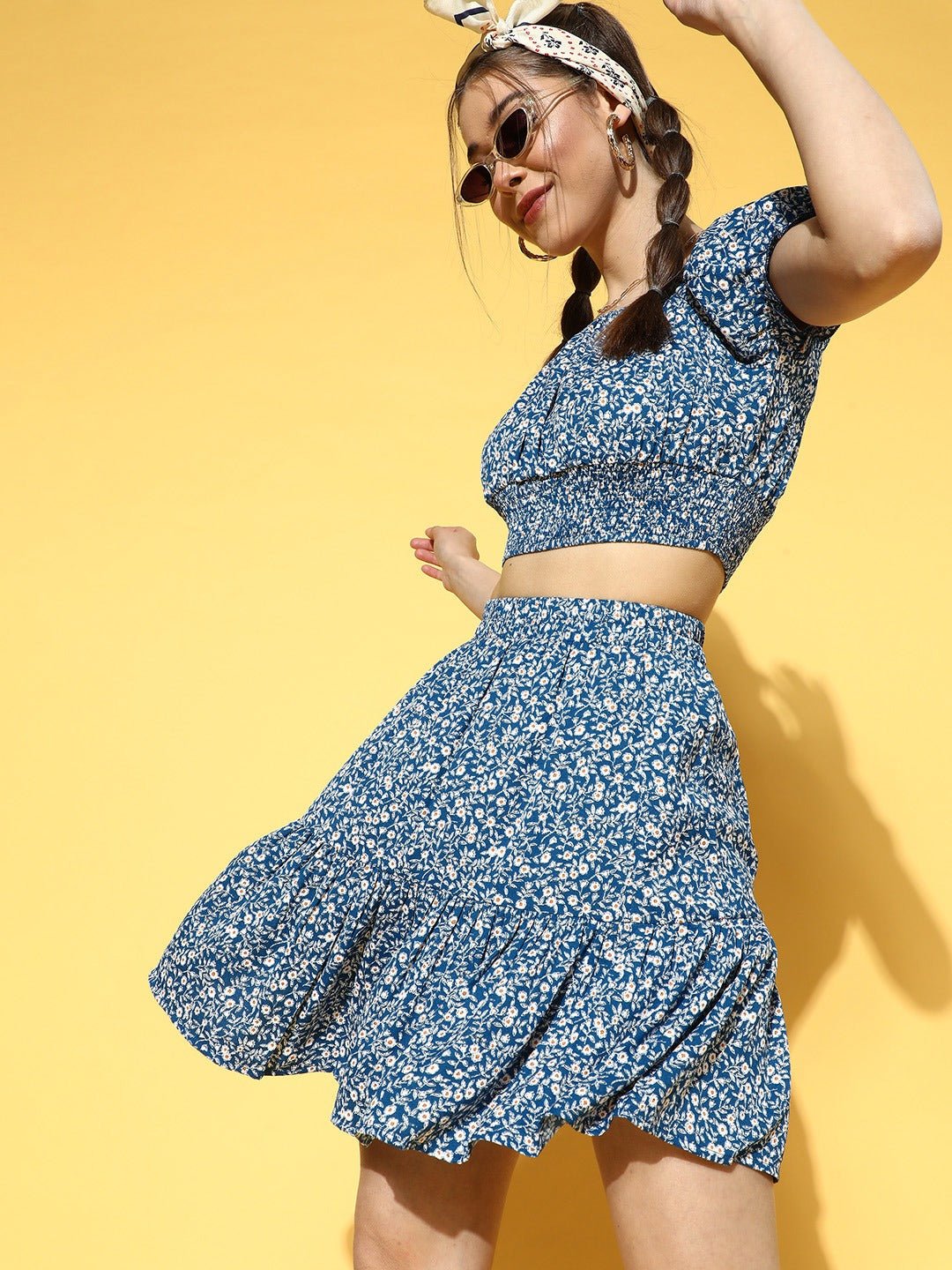 Folk Republic Women Blue & White Ditsy Floral Printed Round Neck Crop Top & Mini Skirt Co-Ordinate Set - #folk republic#