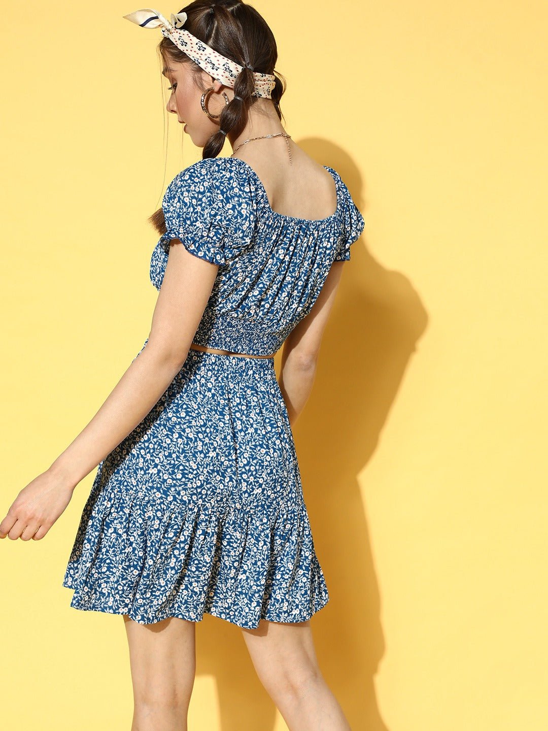 Folk Republic Women Blue & White Ditsy Floral Printed Round Neck Crop Top & Mini Skirt Co-Ordinate Set - #folk republic#