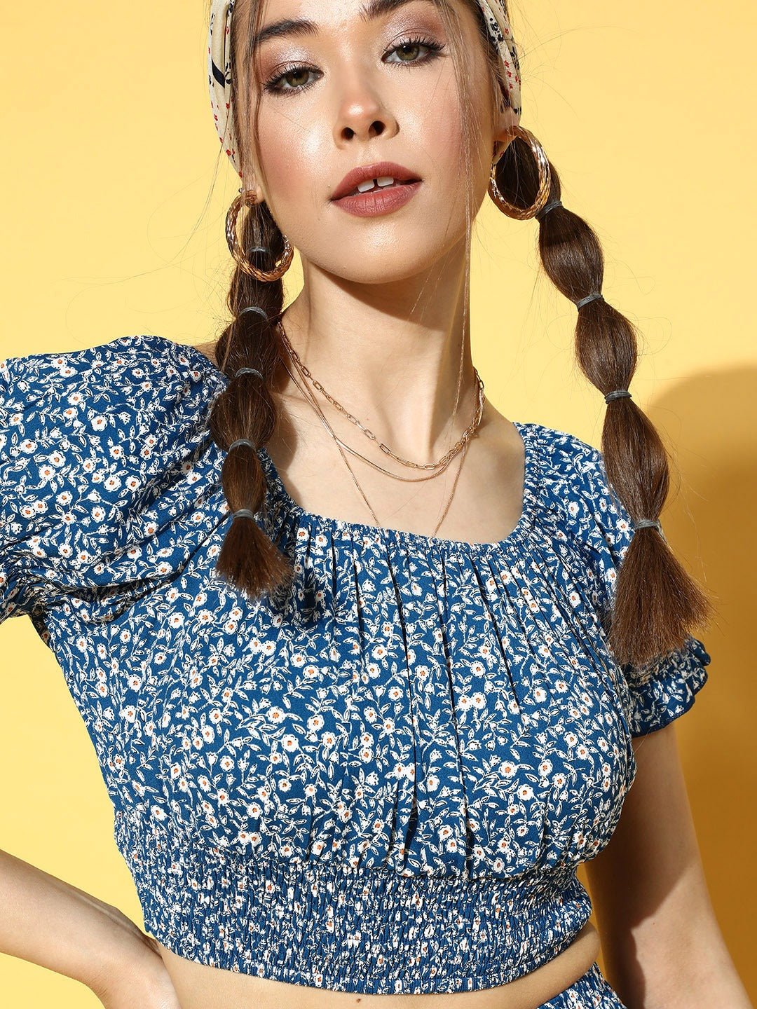 Folk Republic Women Blue & White Ditsy Floral Printed Round Neck Crop Top & Mini Skirt Co-Ordinate Set - #folk republic#