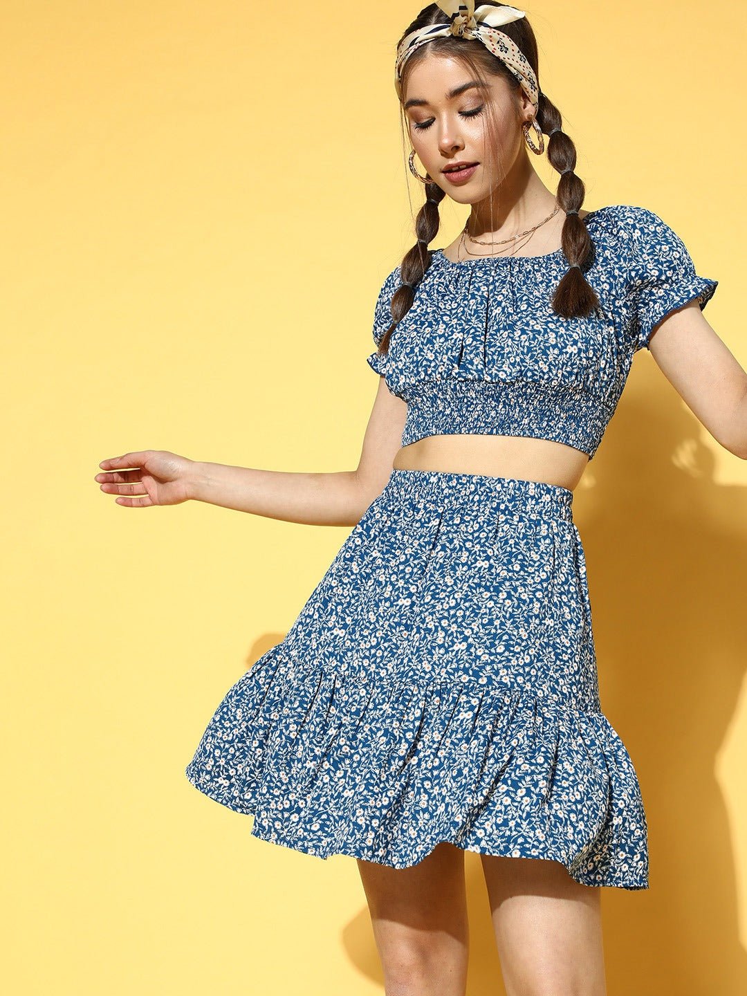 Folk Republic Women Blue & White Ditsy Floral Printed Round Neck Crop Top & Mini Skirt Co-Ordinate Set - #folk republic#