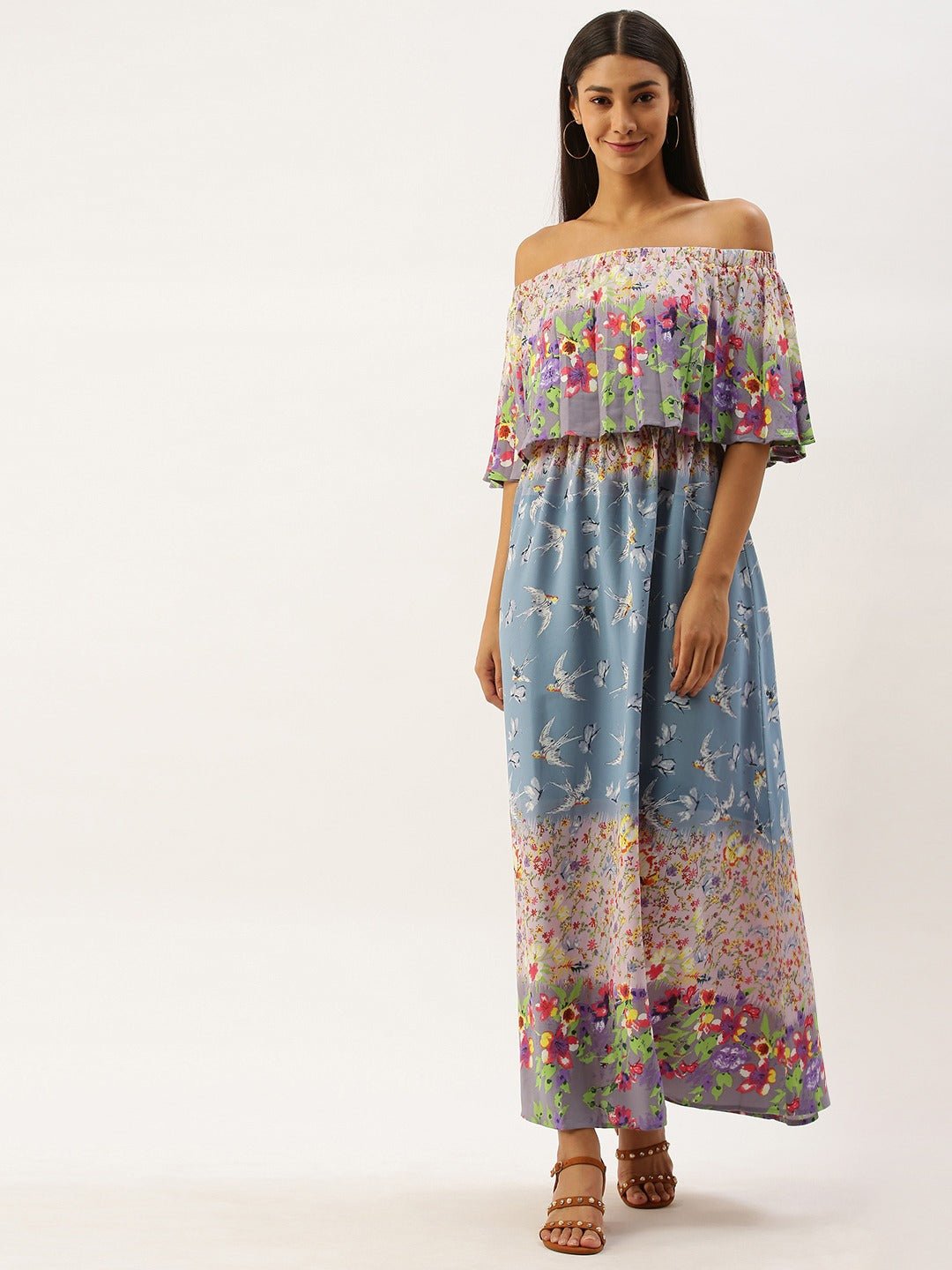 Folk Republic Women Blue & White Floral Print Off-Shoulder Maxi Dress - #folk republic#