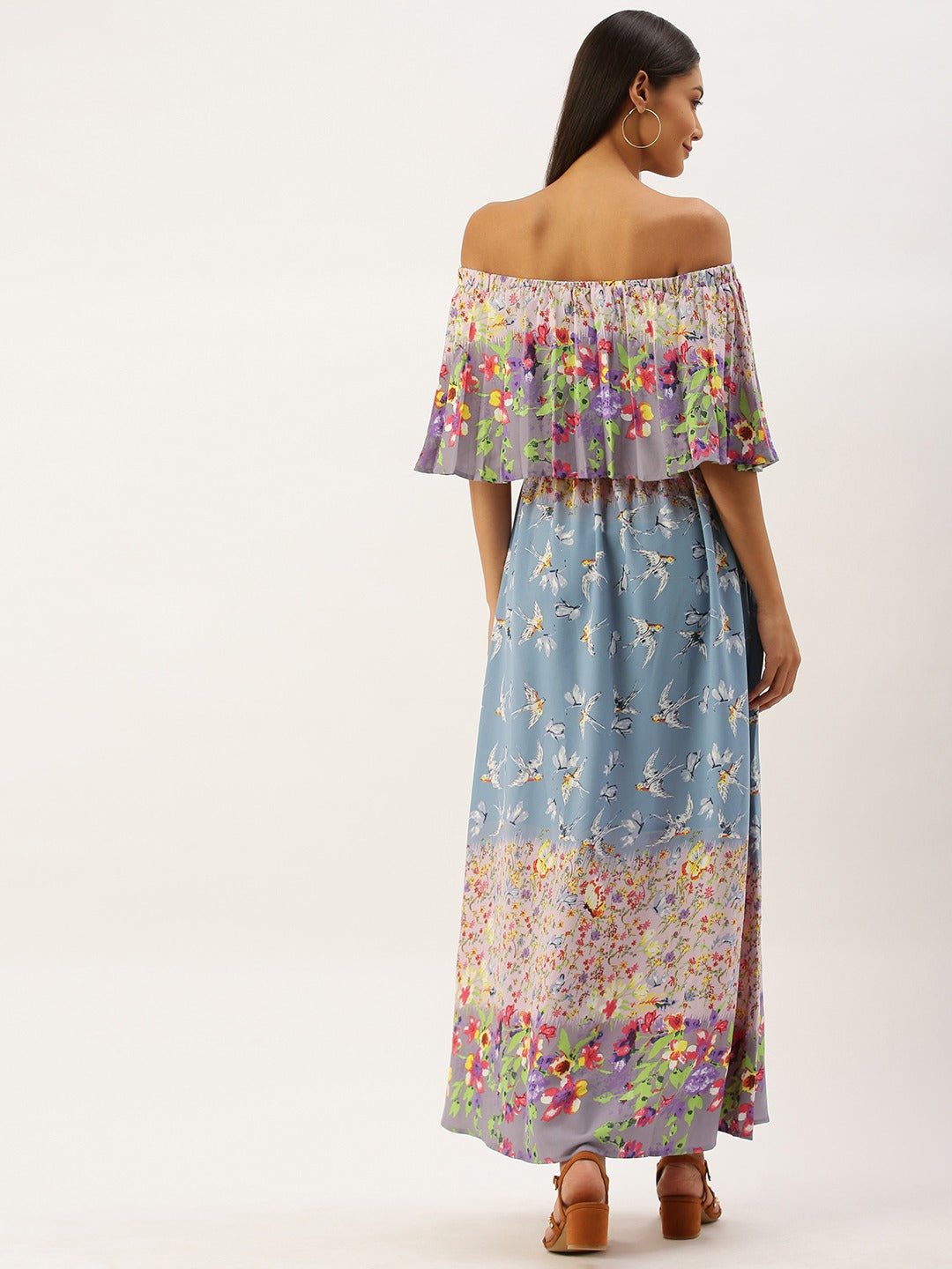 Folk Republic Women Blue & White Floral Print Off-Shoulder Maxi Dress - #folk republic#