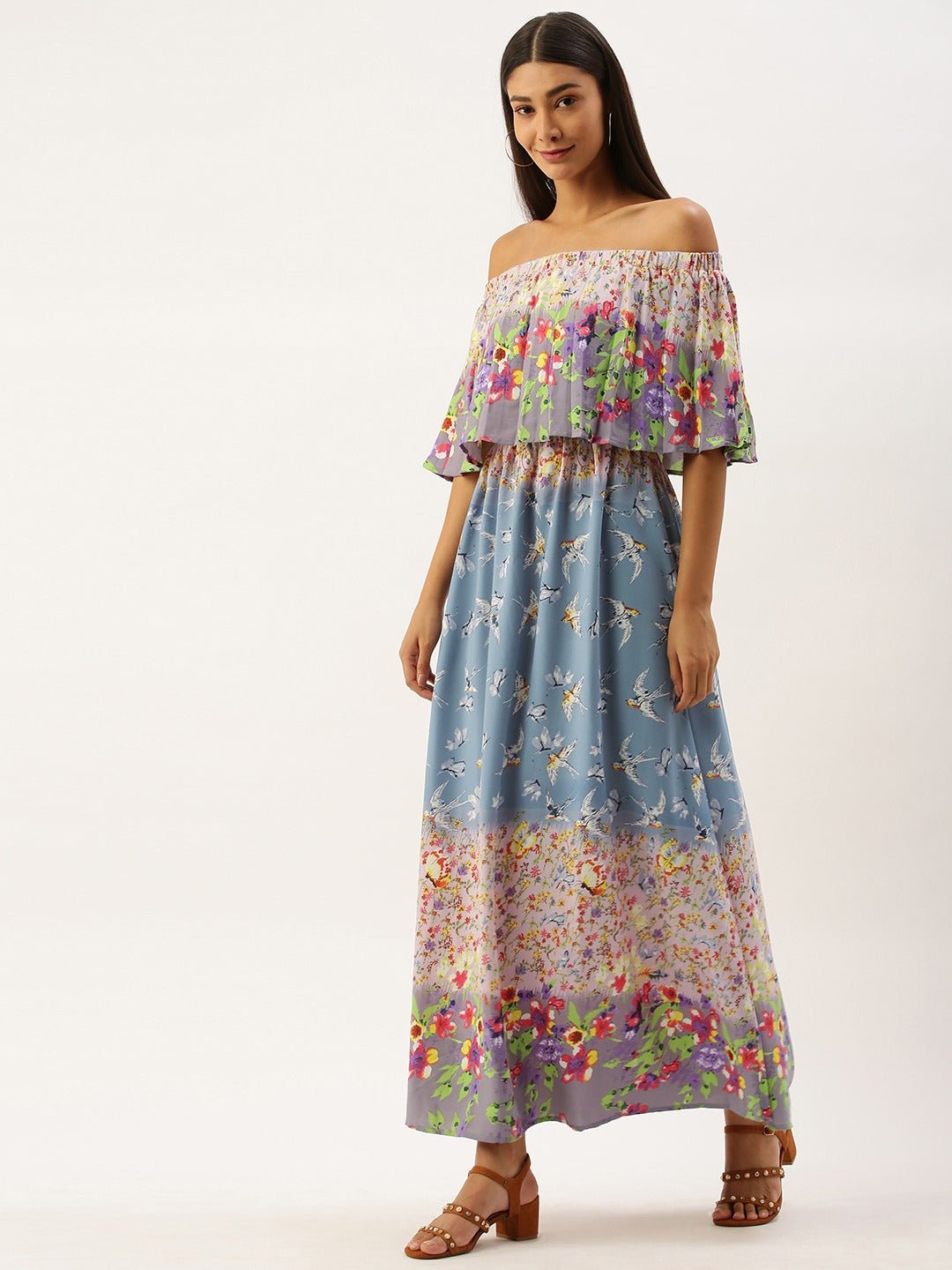 Folk Republic Women Blue & White Floral Print Off-Shoulder Maxi Dress - #folk republic#