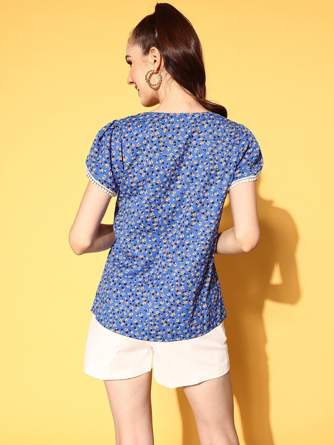 Folk Republic Women Blue & White Floral Printed Round Neck Lace Crepe Regular Top - #folk republic#