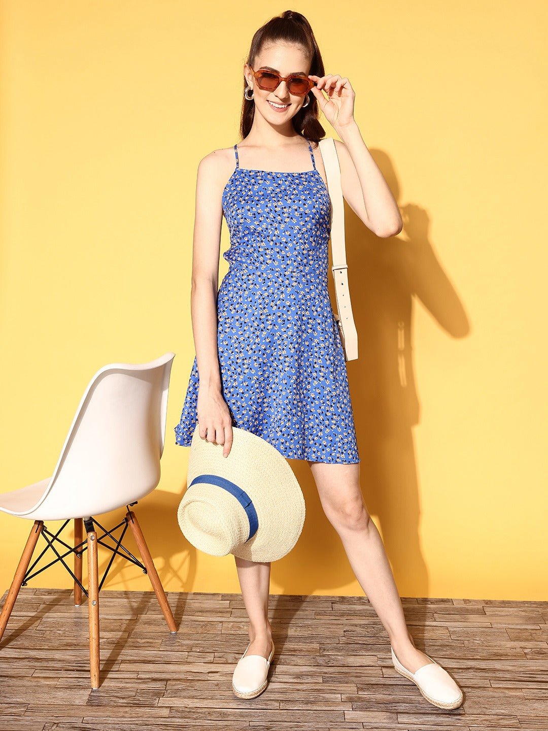 Folk Republic Women Blue & White Floral Printed Square Neck Tie-Up Backless Crepe Flared A-Line Mini Dress - #folk republic#