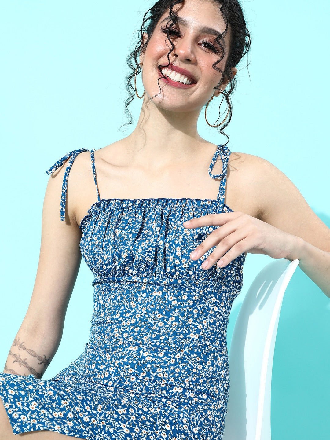 Folk Republic Women Blue & White Floral Ruched Mini Empire Dress - #folk republic#