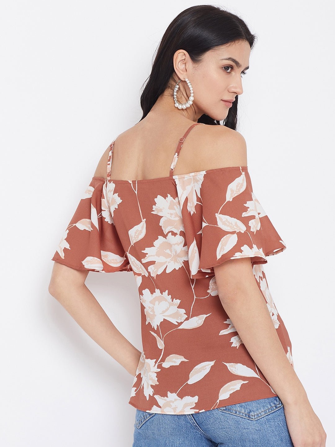 Folk Republic Women Brown Floral Printed Cold Shoulder Bardot Top - #folk republic#