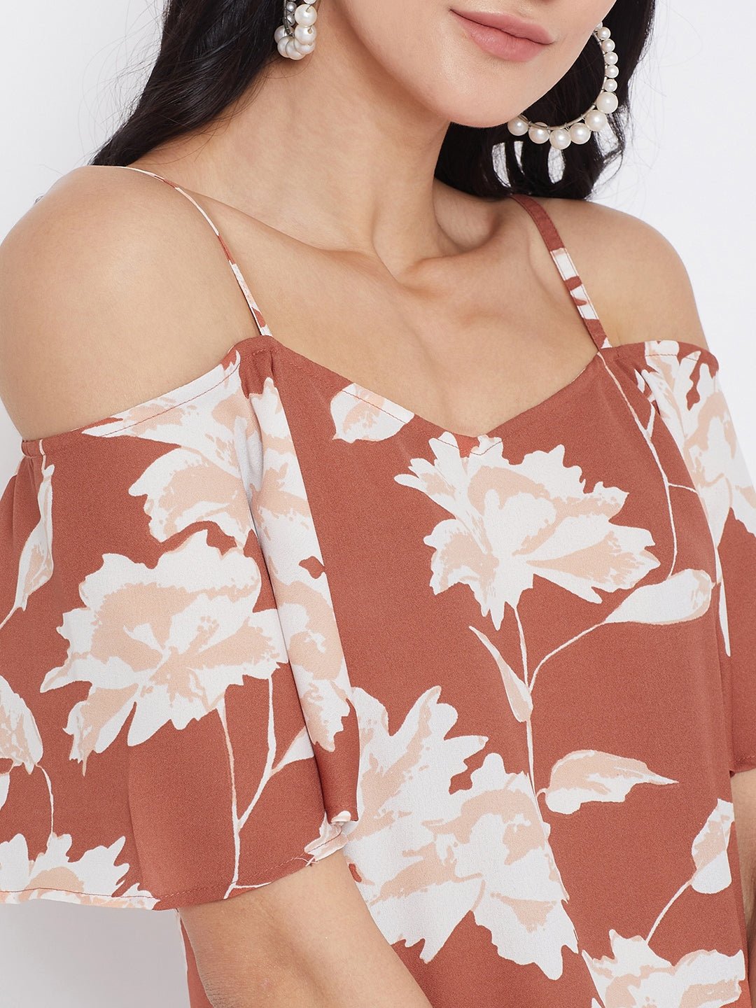 Folk Republic Women Brown Floral Printed Cold Shoulder Bardot Top - #folk republic#