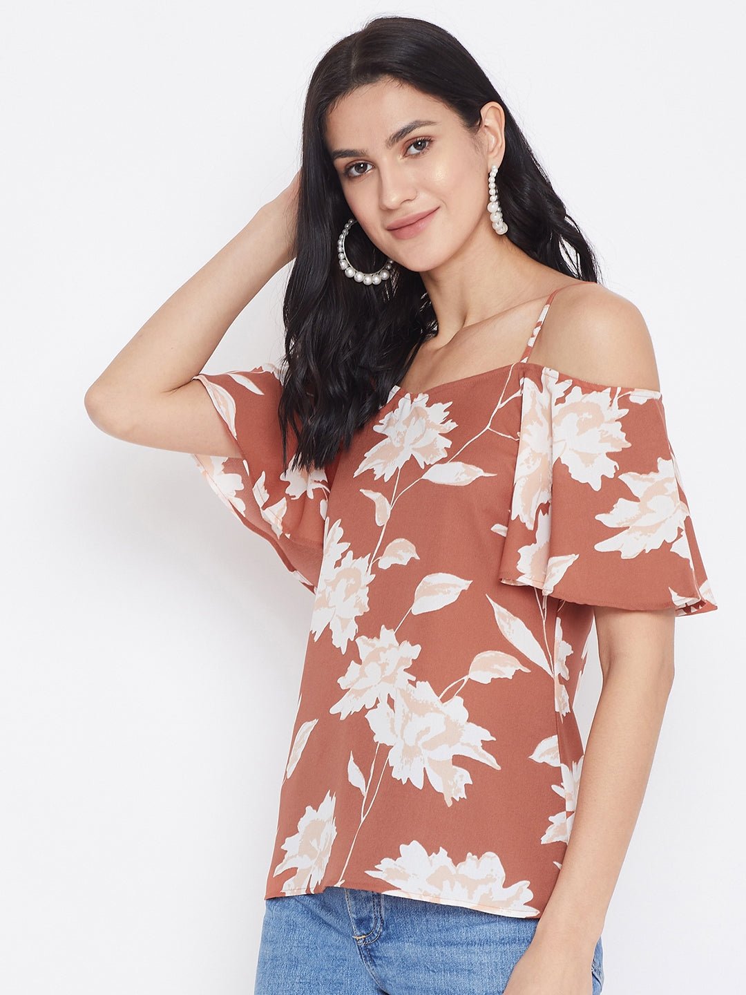 Folk Republic Women Brown Floral Printed Cold Shoulder Bardot Top - #folk republic#