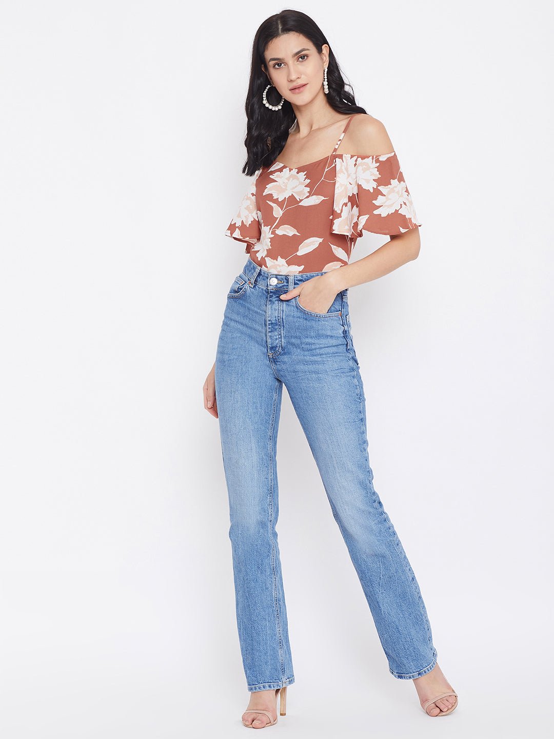 Folk Republic Women Brown Floral Printed Cold Shoulder Bardot Top - #folk republic#