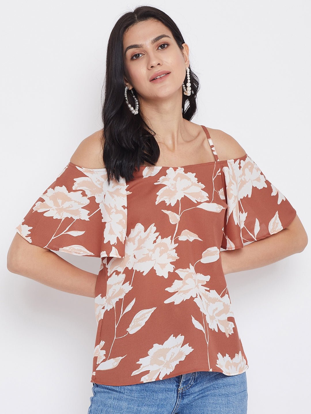Folk Republic Women Brown Floral Printed Cold Shoulder Bardot Top - #folk republic#