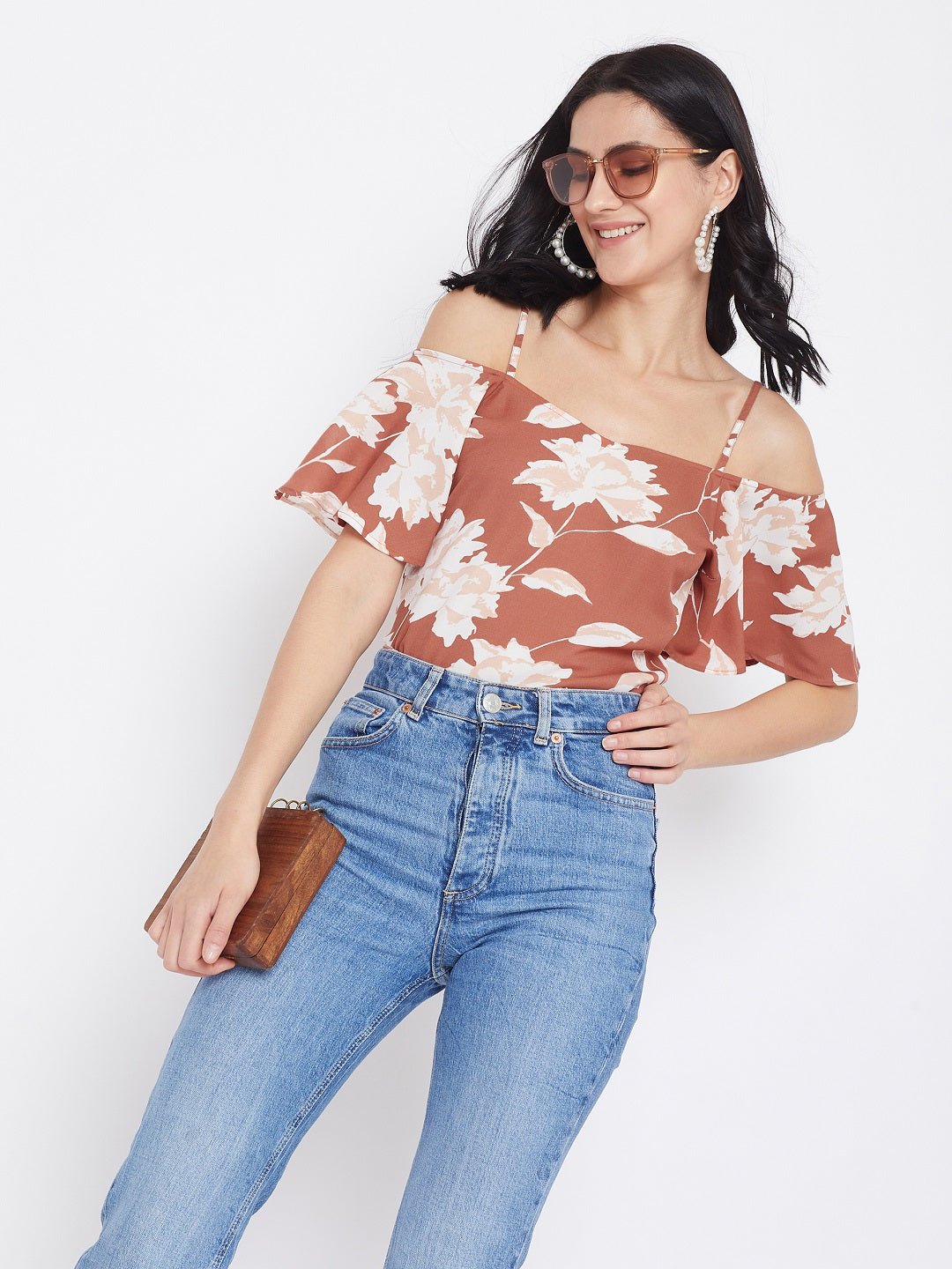 Folk Republic Women Brown Floral Printed Cold Shoulder Bardot Top - #folk republic#