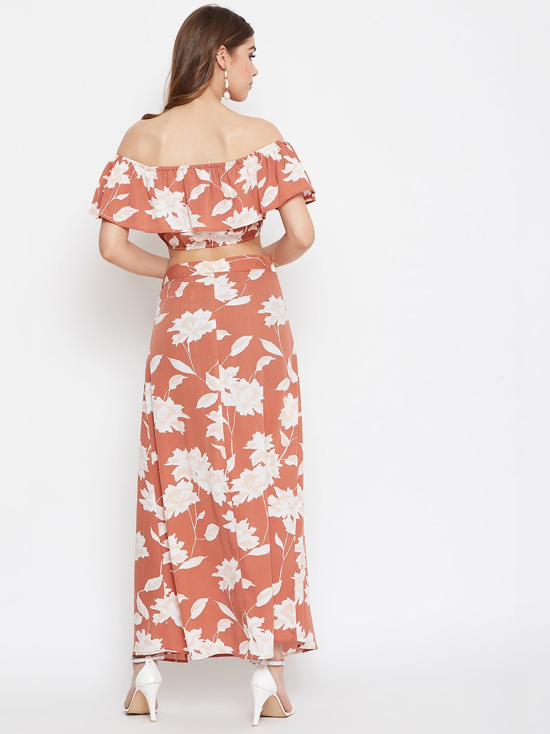 Folk Republic Women Brown Floral Printed Off-Shoulder Co-Ordinate Maxi Dress - #folk republic#