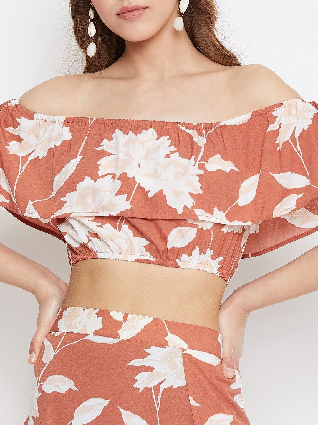 Folk Republic Women Brown Floral Printed Off-Shoulder Co-Ordinate Maxi Dress - #folk republic#