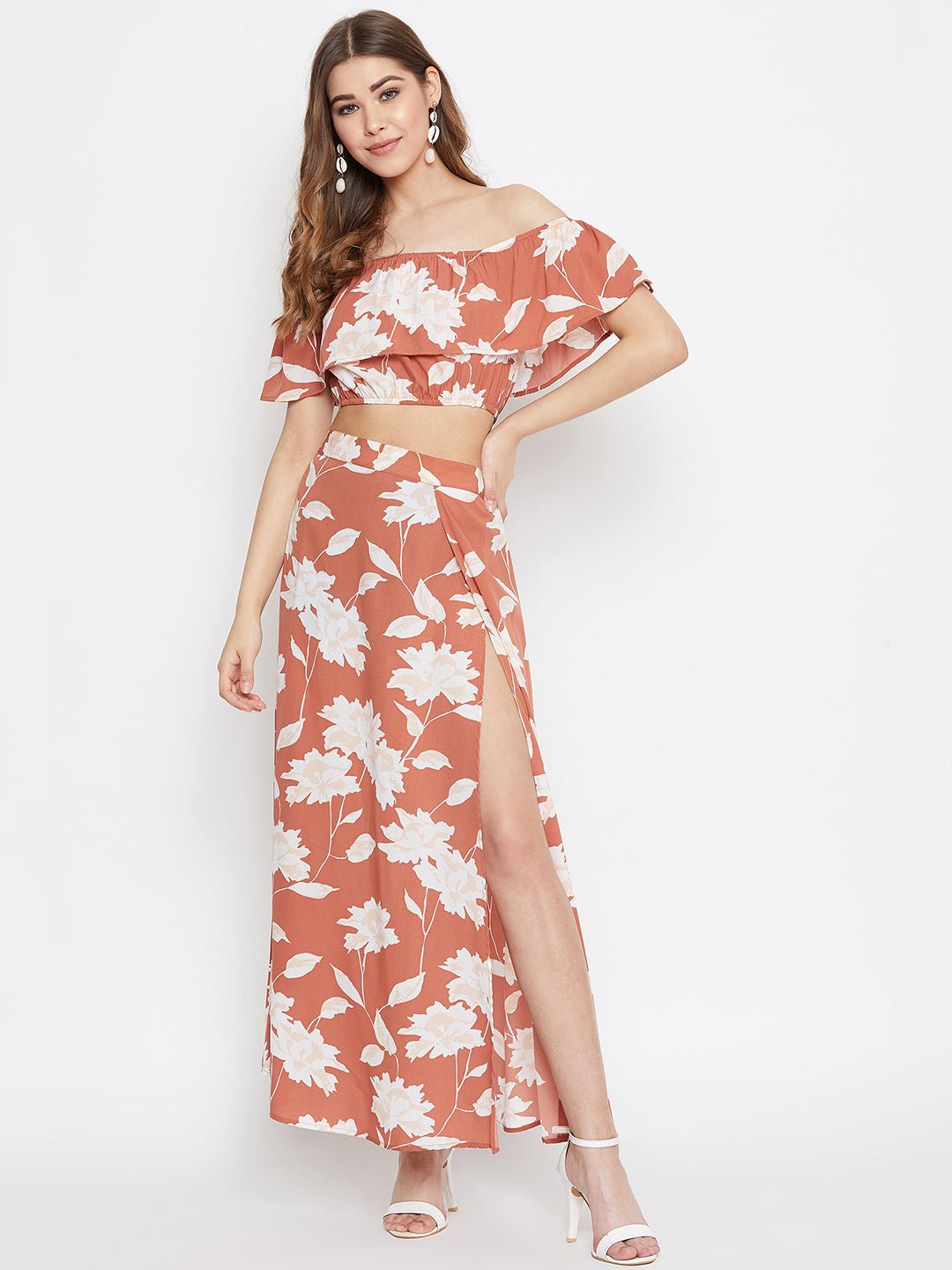 Folk Republic Women Brown Floral Printed Off-Shoulder Co-Ordinate Maxi Dress - #folk republic#