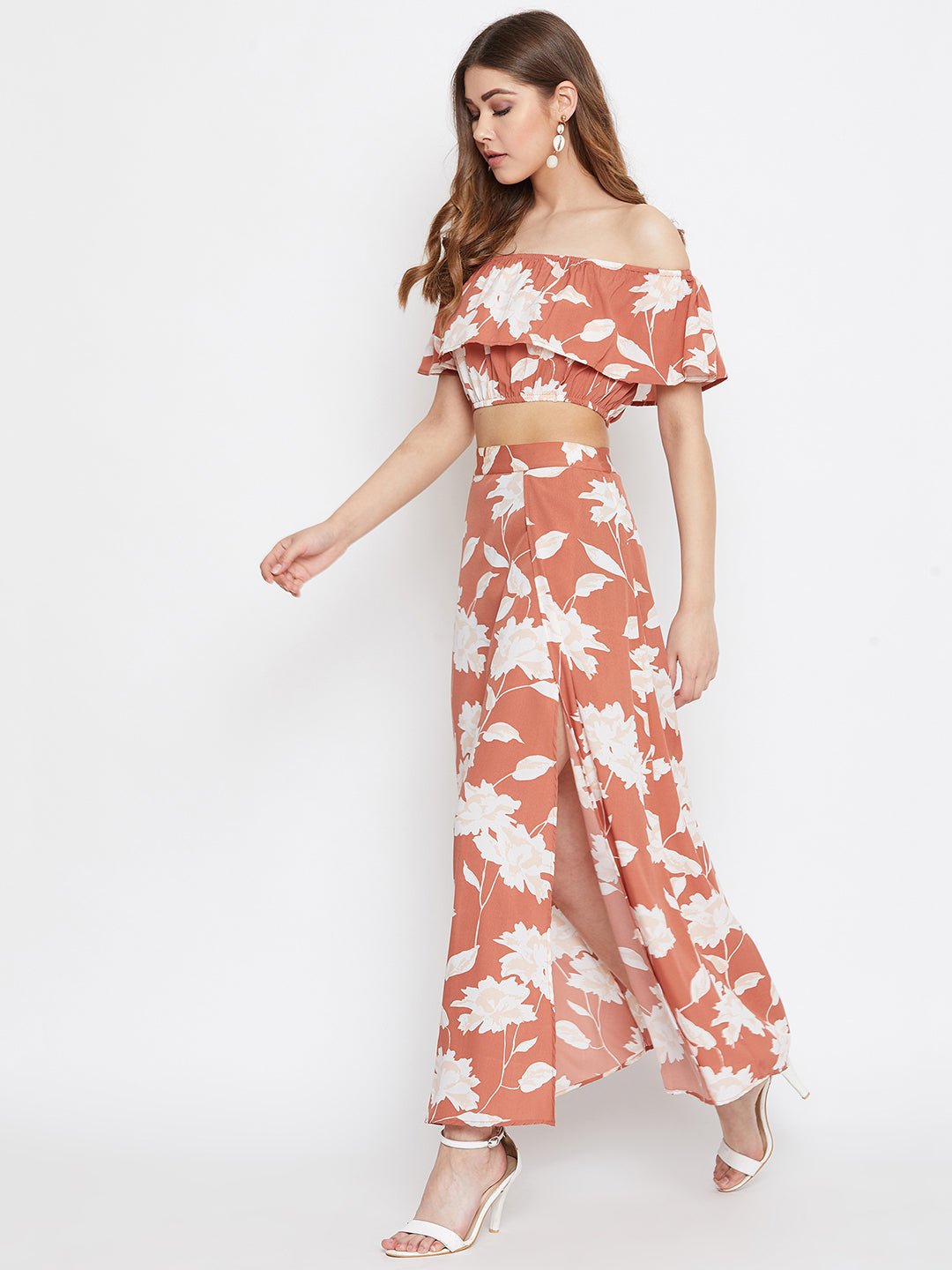 Folk Republic Women Brown Floral Printed Off-Shoulder Co-Ordinate Maxi Dress - #folk republic#