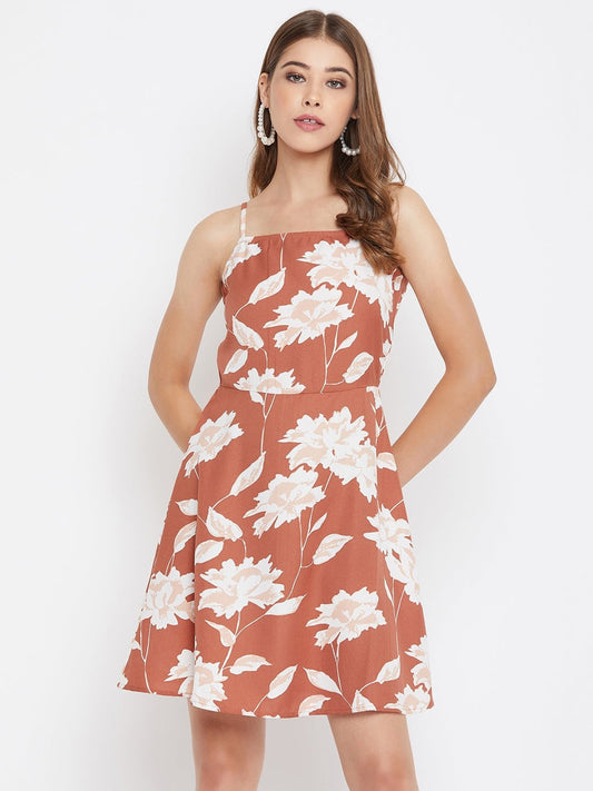 Folk Republic Women Brown Floral Printed Square-Neck Pleated Fit & Flare Mini Dress - #folk republic#