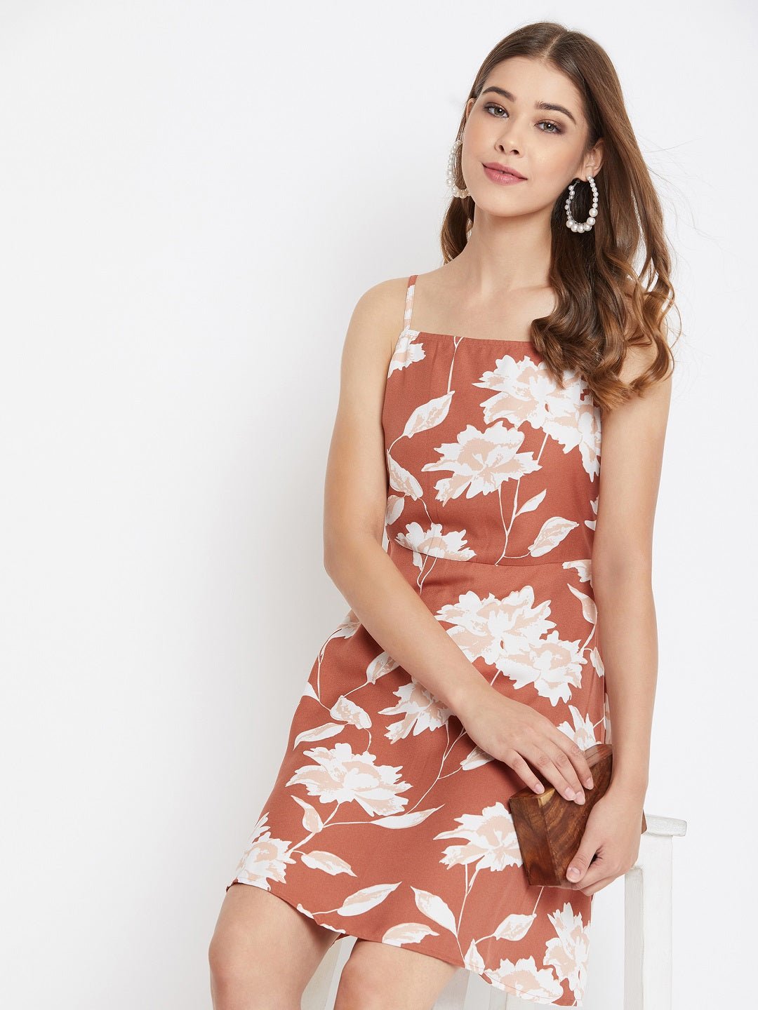 Folk Republic Women Brown Floral Printed Square-Neck Pleated Fit & Flare Mini Dress - #folk republic#