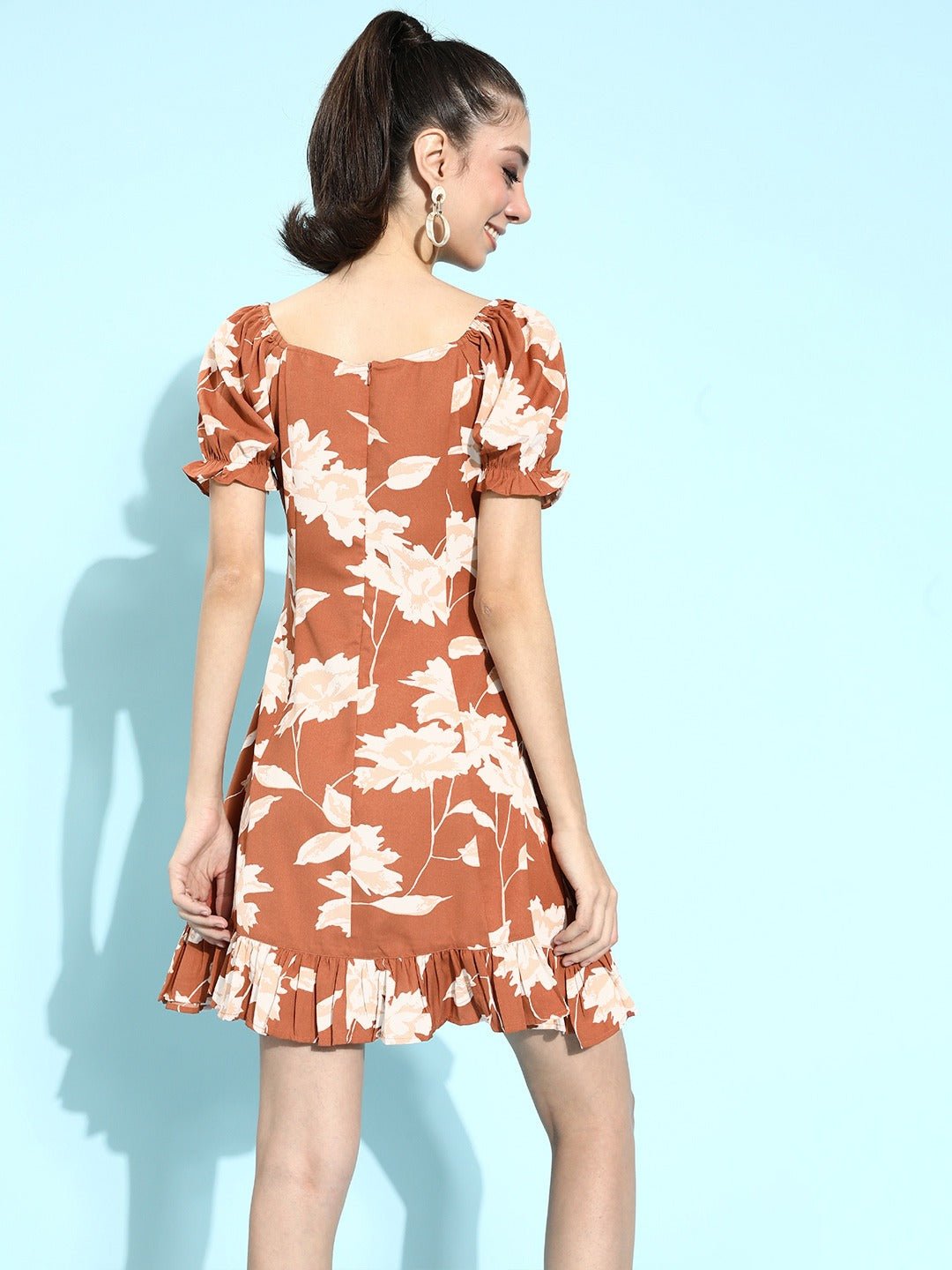 Folk Republic Women Brown Floral Printed Sweetheart Neck Ruffled A-Line Mini Dress - #folk republic#