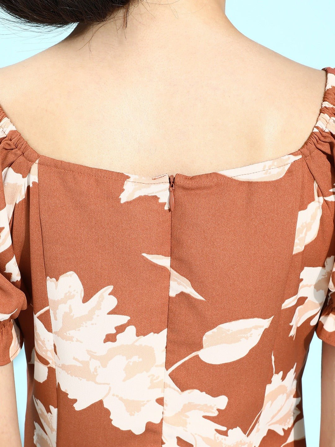 Folk Republic Women Brown Floral Printed Sweetheart Neck Ruffled A-Line Mini Dress - #folk republic#