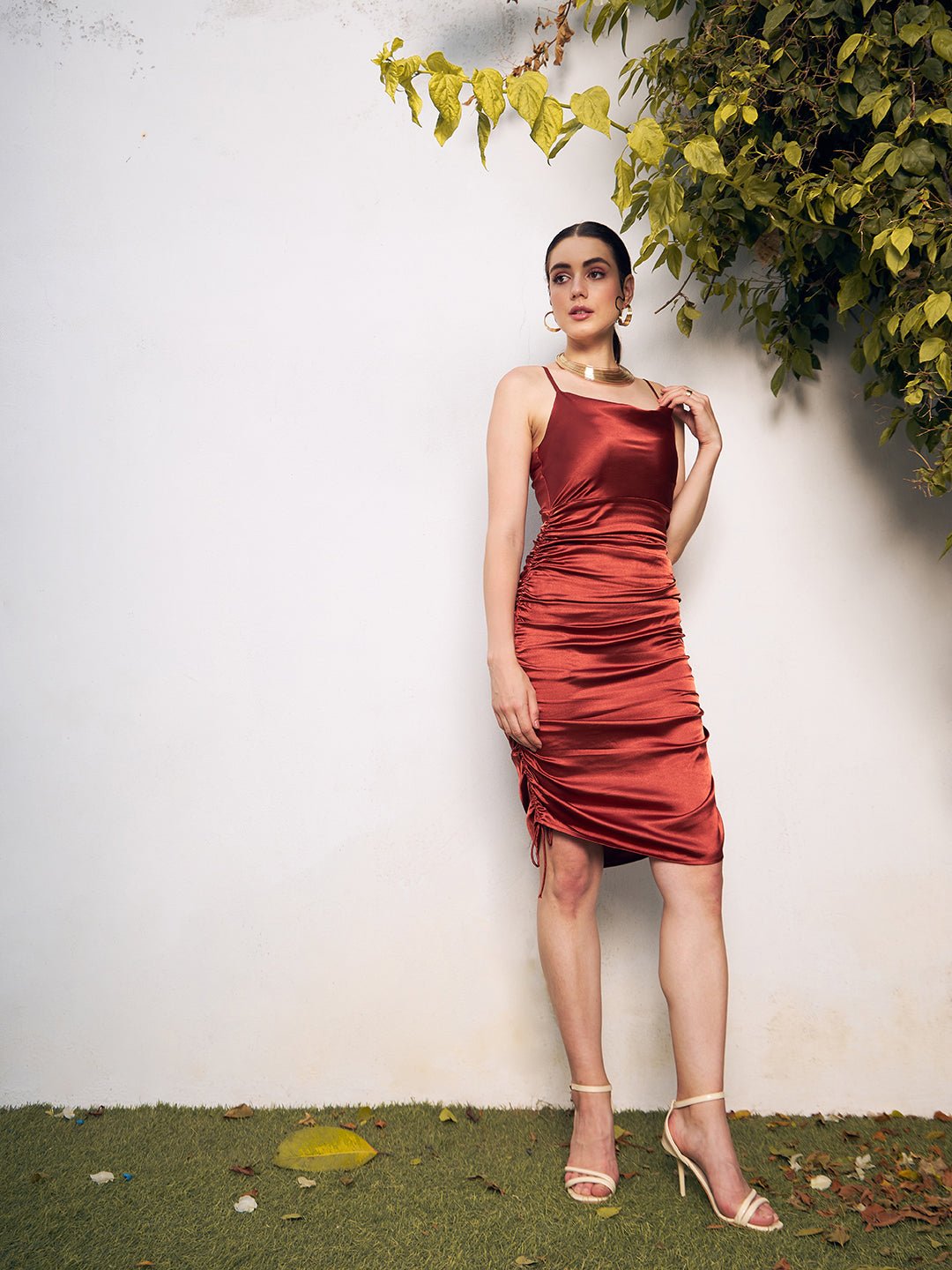 Folk Republic Women Brown Solid Satin Ruched Bodycon Dress - #folk republic#