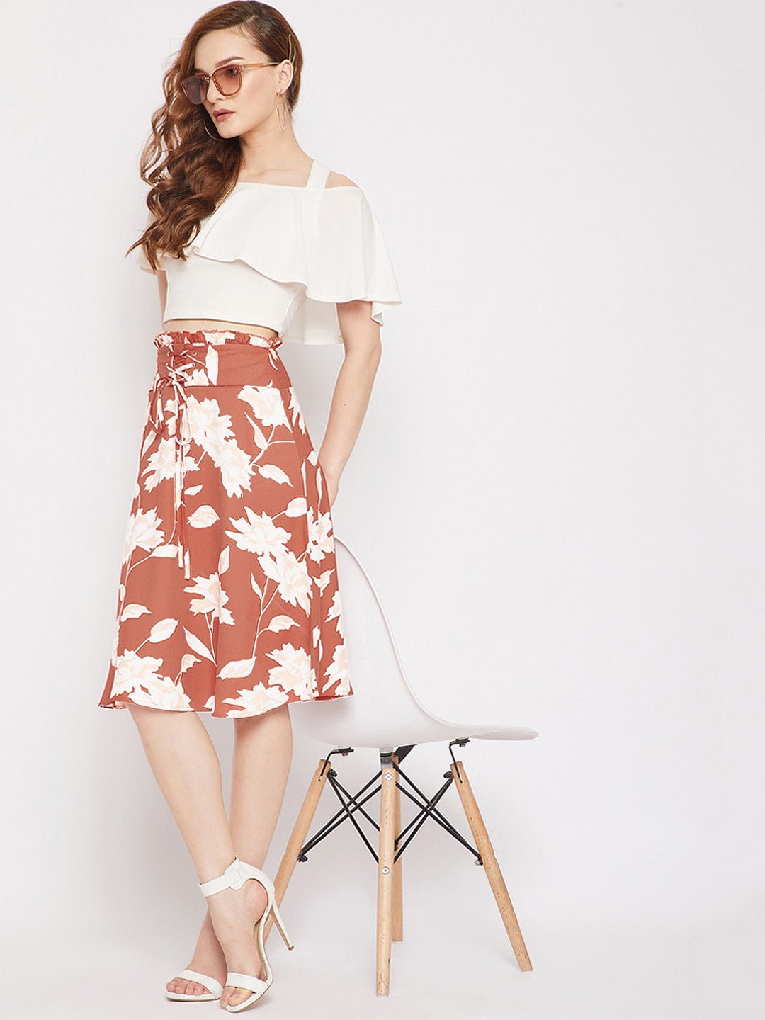 Folk Republic Women Brown & White Floral Printed Corset Paperbag Straight A-Line Midi Skirt - #folk republic#