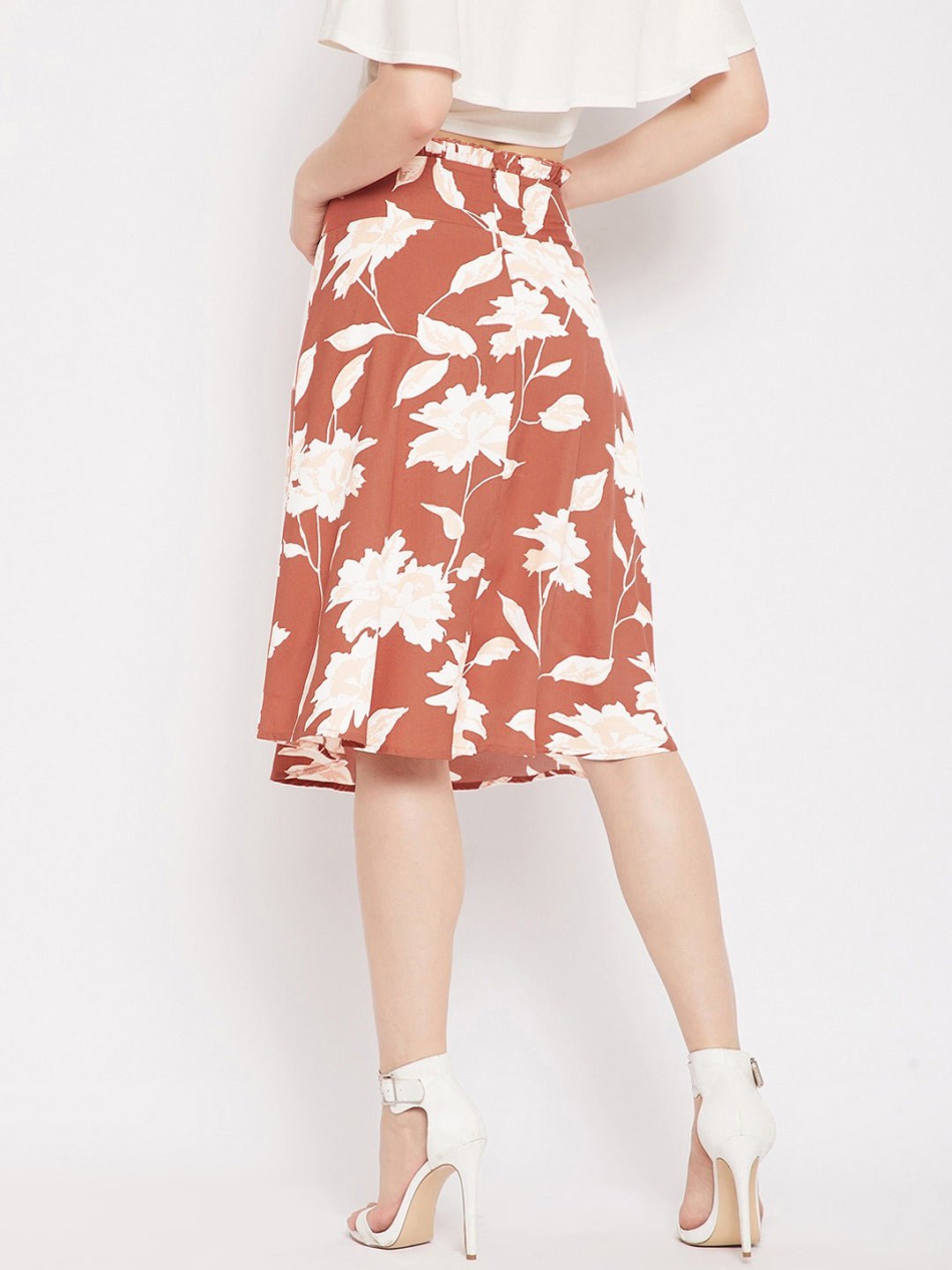 Folk Republic Women Brown & White Floral Printed Corset Paperbag Straight A-Line Midi Skirt - #folk republic#