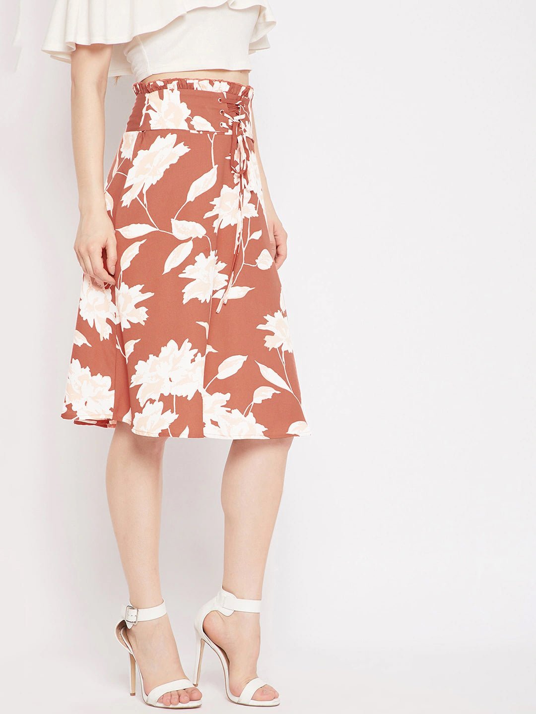Folk Republic Women Brown & White Floral Printed Corset Paperbag Straight A-Line Midi Skirt - #folk republic#