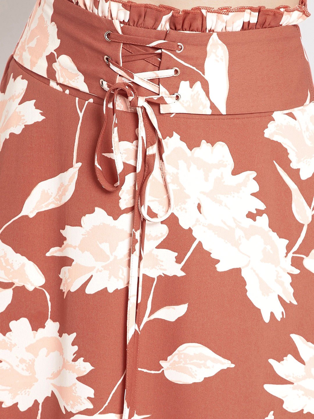 Folk Republic Women Brown & White Floral Printed Corset Paperbag Straight A-Line Midi Skirt - #folk republic#