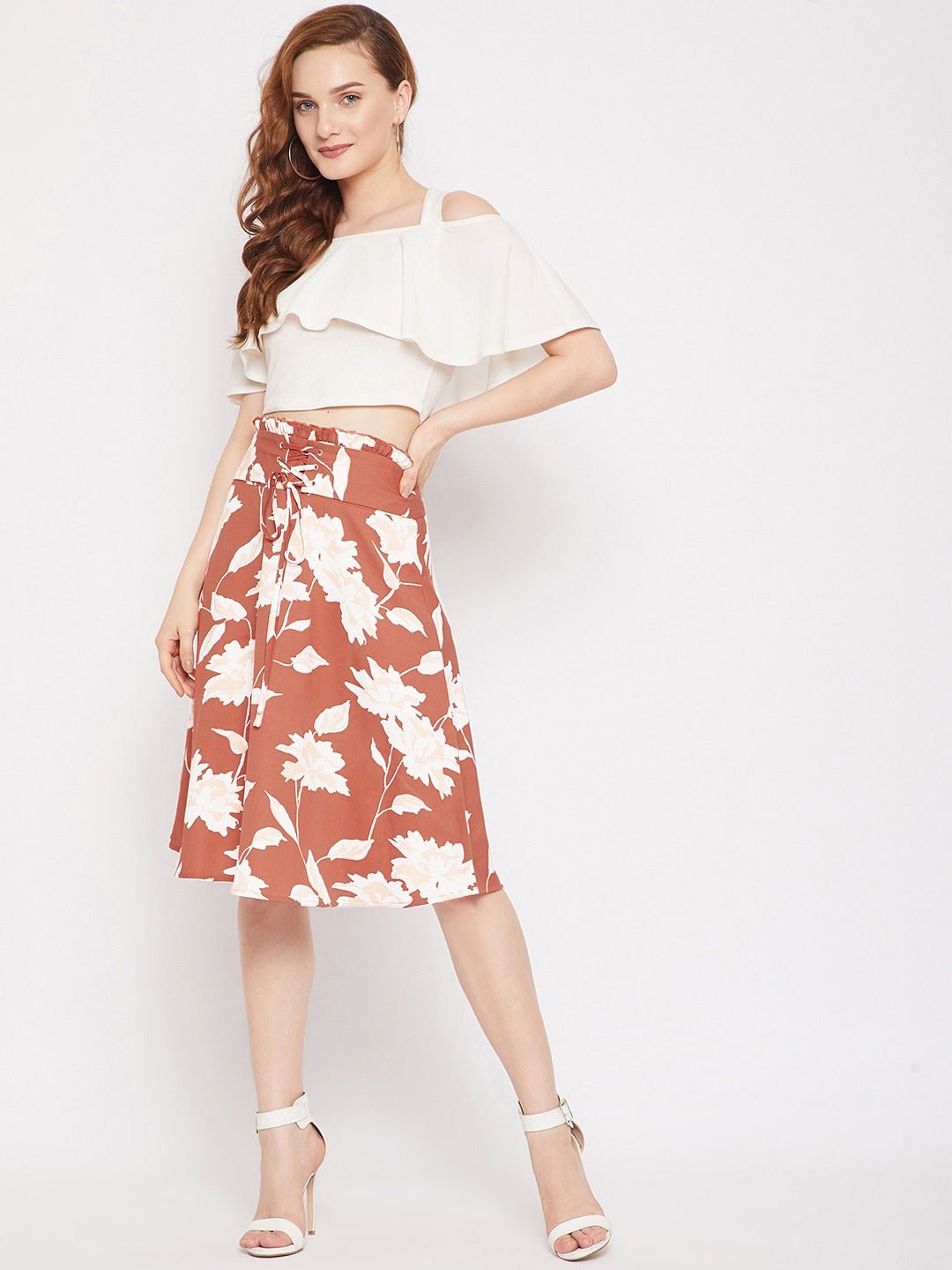 Folk Republic Women Brown & White Floral Printed Corset Paperbag Straight A-Line Midi Skirt - #folk republic#