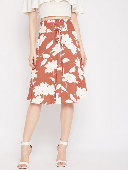 Folk Republic Women Brown & White Floral Printed Corset Paperbag Straight A-Line Midi Skirt - #folk republic#
